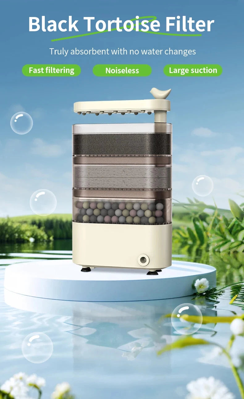 Turtle Tank Waterfall Filter Low Water 3-In-1 Suction Purification Recirculating Filter Box Fecal Clean Up