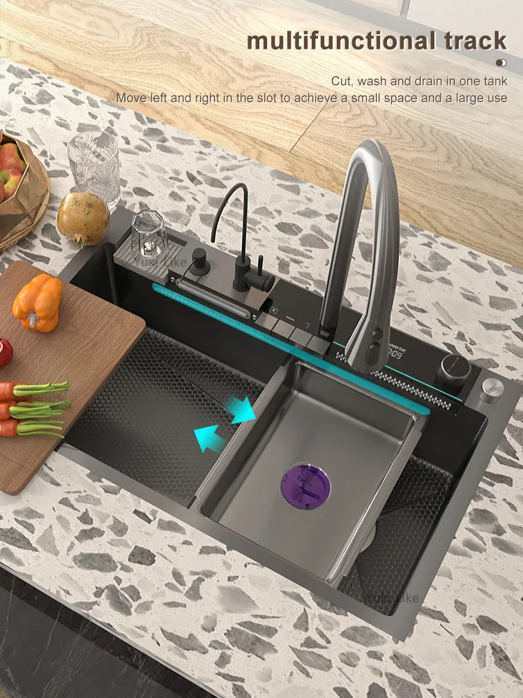 Stainless Steel Waterfall Kitchen Sink Digital Display Large Single Slot Dishwashing Sinks Overseas Warehouse Shipping