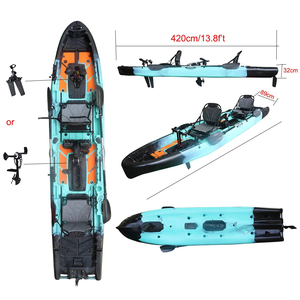 2025 Best 14FT Propeller Drive Fishing Kayak 550LBS Capacity Modular Pedal Motor HDPE Tandem Kayak for Surfing & Lake Fishing