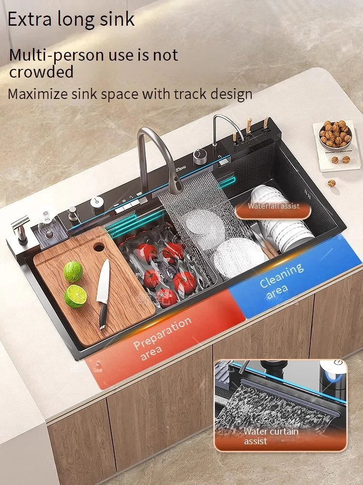 Stainless Steel Waterfall Kitchen Sink Extra Large Single Bowl Digital Display Multifunctional Dishwashing sinks