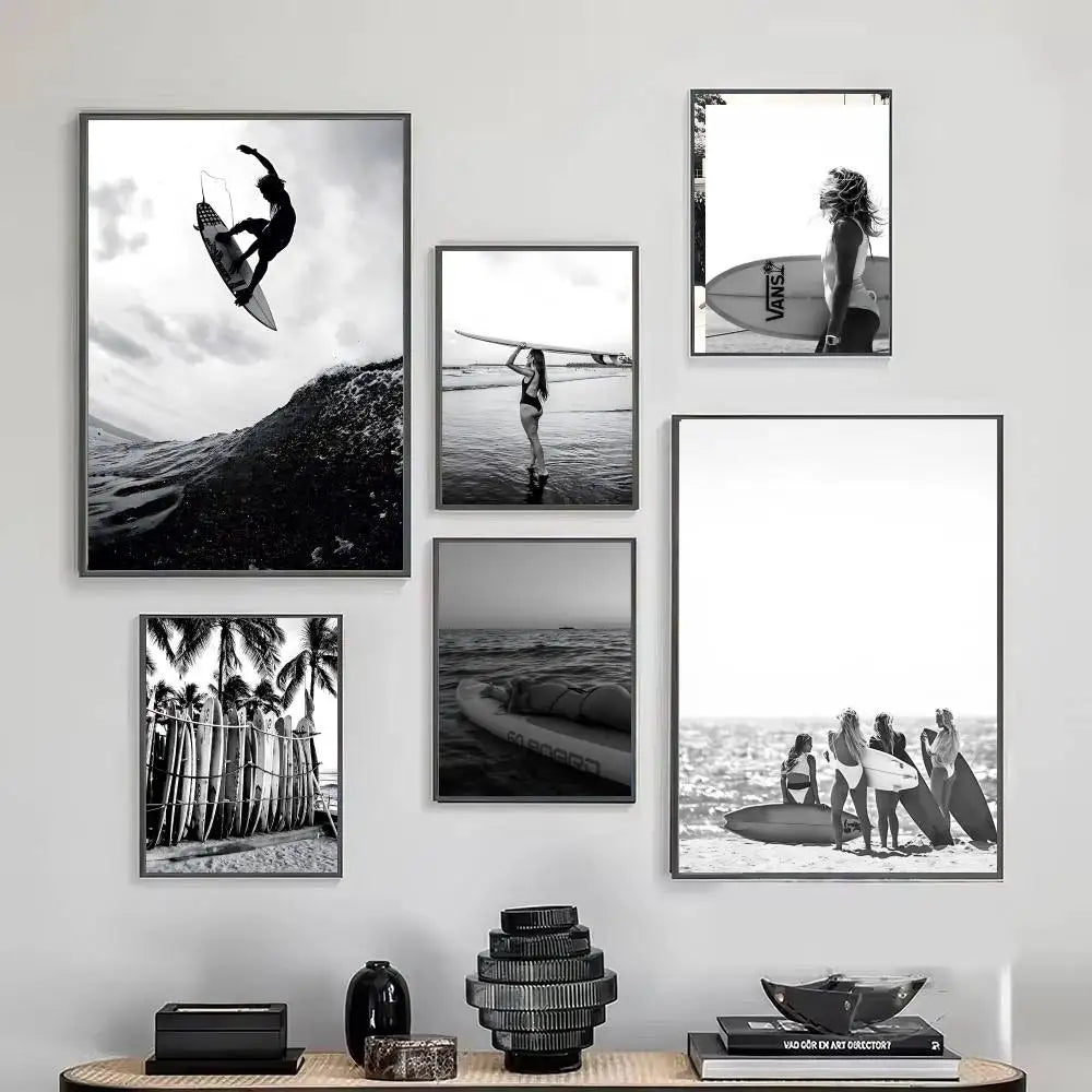 Black White Surfer Beach Surfboard Hawaii Girl Vintage Posters Sticky Whitepaper Prints Posters Artwork Posters Wall Stickers