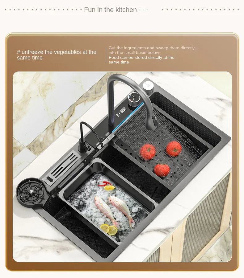Smart Multifunction Piano Key Waterfall Large Sink 304 Stainless Steel Home Kitchen Sink with Dish Drying Holder