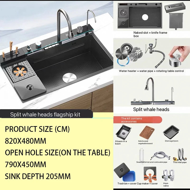 Smart Multifunction Piano Key Waterfall Large Sink 304 Stainless Steel Home Kitchen Sink with Dish Drying Holder