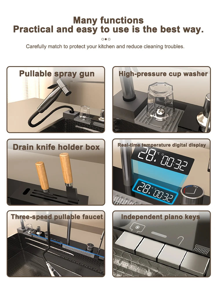 Stainless Steel Waterfall Kitchen Sink Digital Display Large Single Slot Dishwashing Sinks Overseas Warehouse Shipping