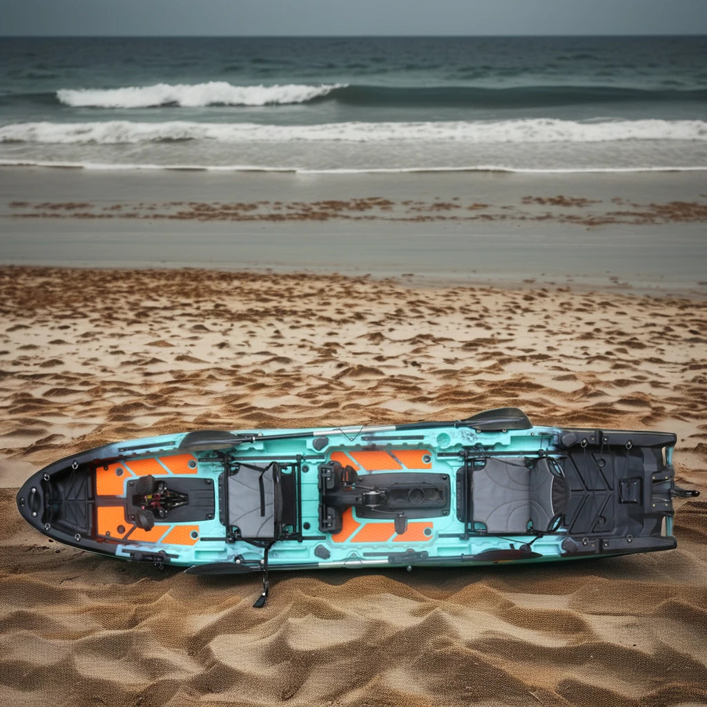 2025 Best 14FT Propeller Drive Fishing Kayak 550LBS Capacity Modular Pedal Motor HDPE Tandem Kayak for Surfing & Lake Fishing