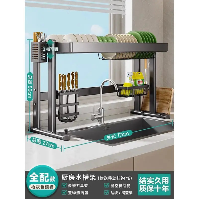 Over-the-Sink Dish Drying Rack Kitchen Sink Organizer Multifunctional Dishware Storage Shelf Space-Saving Plate and Bowl Holder