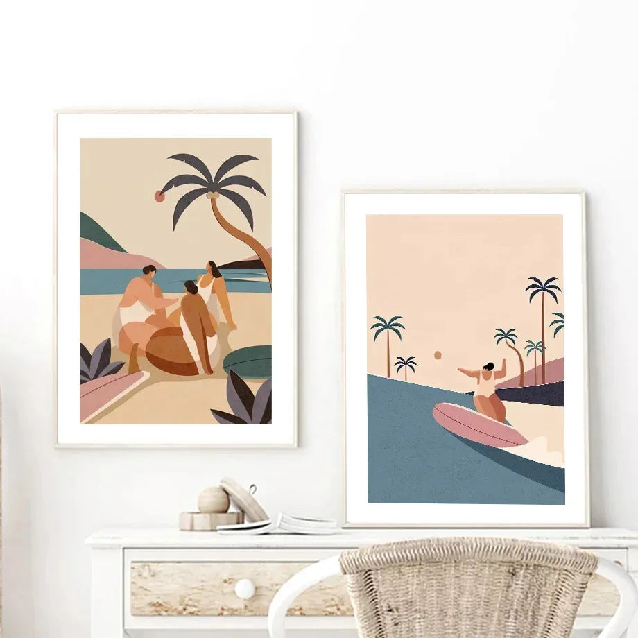 Surf Skateboard Tanning Seaside Vacation Posters Prints Canvas Painting Beach Bohemia Girl Wall Art Pictures Living Room Decor