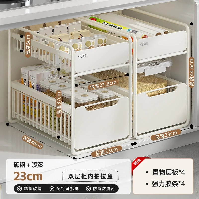 Kitchen Sink Storage Rack, Multi-Function Storage Organizer, Pot Cabinet Pull-Out Shelf, Adjustable Layer Organizer for Kitchen