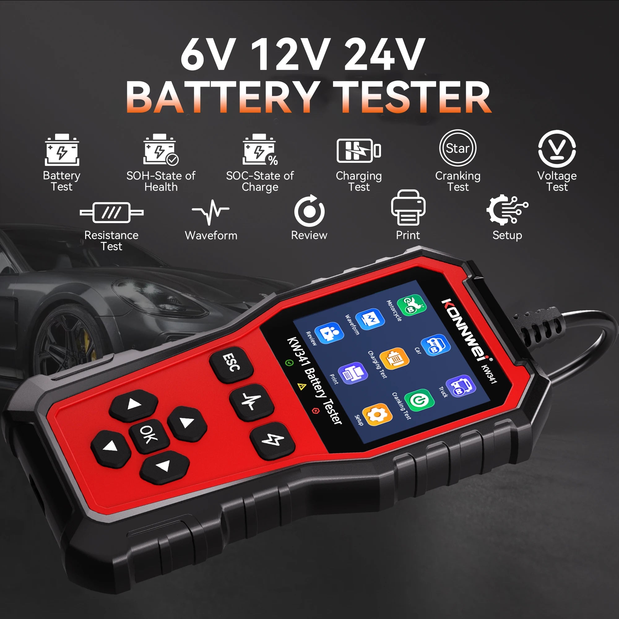 2026 KONNWEI KW341 Car Moto Truck Battery Tester 6V12V 24V Fault Data Printing Start Voltage Test Car Battery Charging Scan Tool