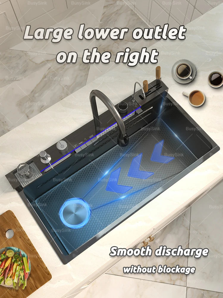 Stainless Steel Waterfall Kitchen Sink Extra Large Single Bowl Digital Display Multifunctional Dishwashing sinks