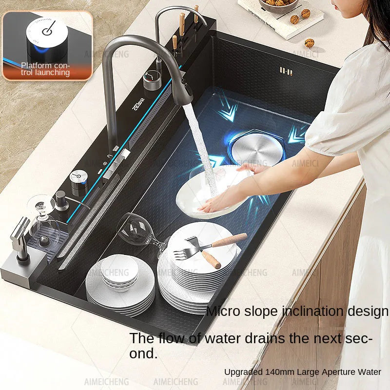 Stainless Steel Kitchen Sink with Faucet Digital Display Large Single Bowl Waterfall Rain 5 Functions System Dish Basin Sink