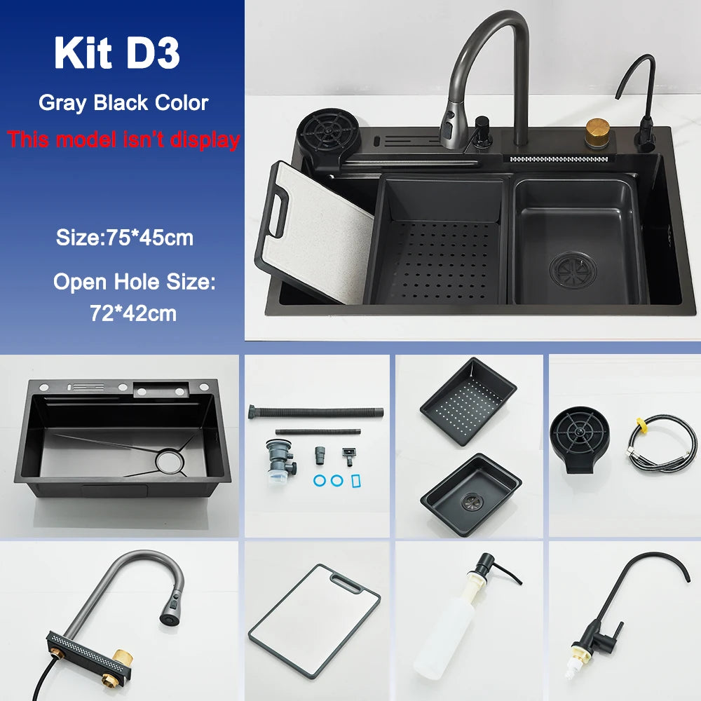 Stainless Steel Kitchen Sink with Faucet 75*45cm Large Single Bowl Digital Display Dish Basin Sink Waterfall Hot Cold Faucets