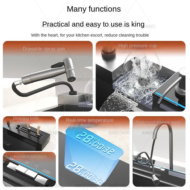 Smart Multifunction Piano Key Waterfall Large Sink 304 Stainless Steel Home Kitchen Sink with Dish Drying Holder