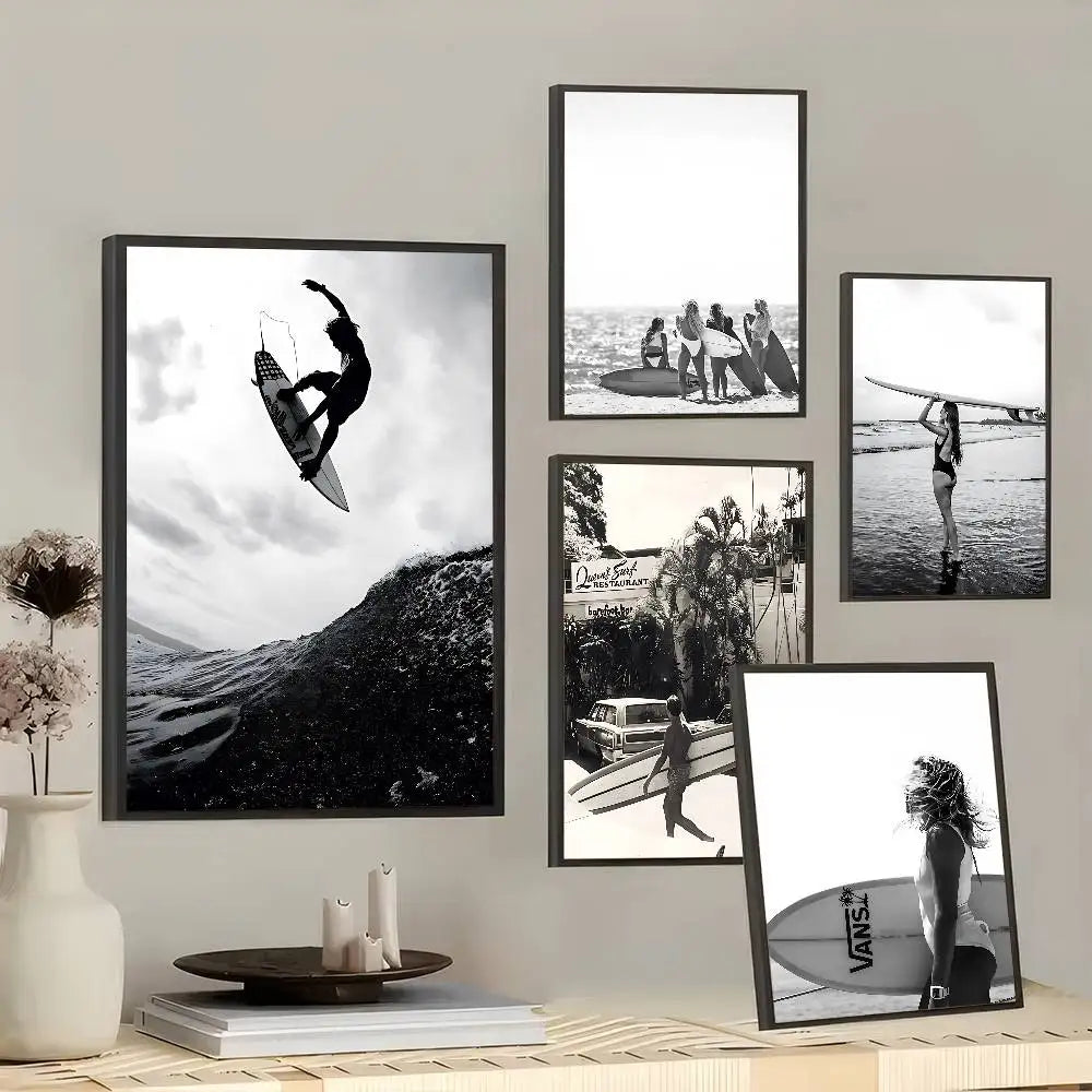 Black White Surfer Beach Surfboard Hawaii Girl Vintage Posters Sticky Whitepaper Prints Posters Artwork Posters Wall Stickers