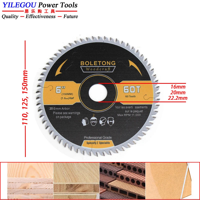 4"  5"  6" YG8 Carbide Circular Saw Blade For Dust-free Saw 110 125 150mm x 60T TCT Saw Blades Cutting Wood Aluminum. Arbor 20mm