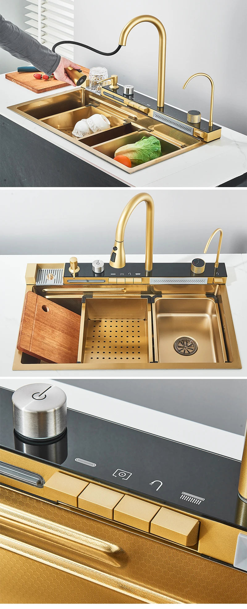 Stainless Steel Kitchen Sink with Faucet 75*45cm Large Single Bowl Digital Display Dish Basin Sink Waterfall Hot Cold Faucets