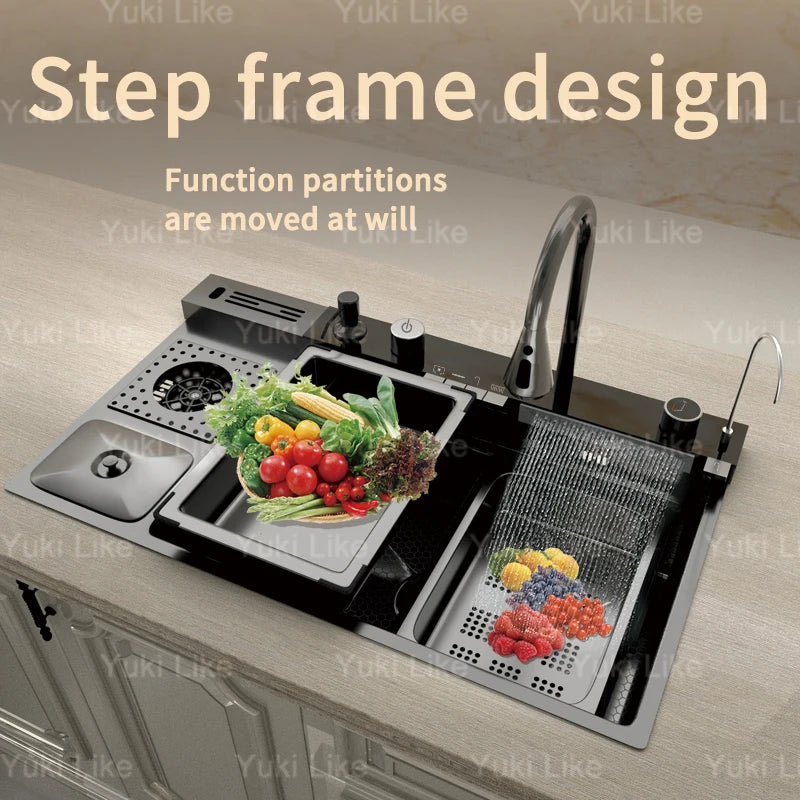 Stainless Steel Waterfall Kitchen Sink Extra Large Single Bowl Digital Display Multifunctional Dishwashing sinks