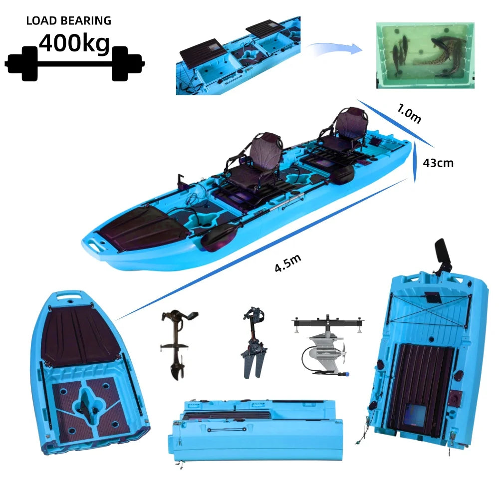 14Ft/10ft Modular Two/Single Seat Pedal Kayak, Seated Fishing Tourist Kayak, Suitable for 2 or 1 People, Three/Two Section, Roto
