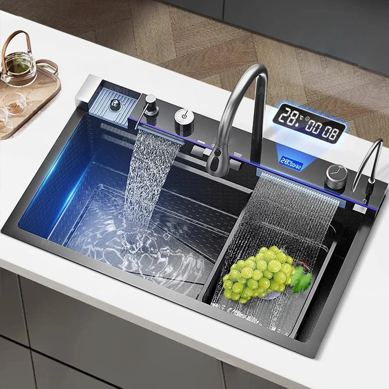 Stainless Steel Waterfall Kitchen Sink Extra Large Single Bowl Digital Display Multifunctional Dishwashing sinks