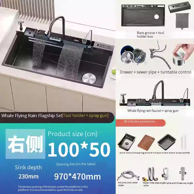 Stainless Steel Waterfall Kitchen Sink Extra Large Single Bowl Digital Display Multifunctional Dishwashing sinks