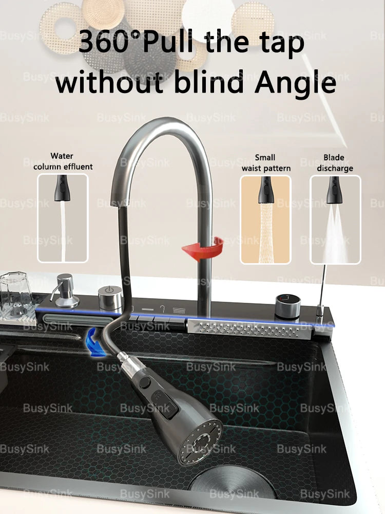 Stainless Steel Waterfall Kitchen Sink Extra Large Single Bowl Digital Display Multifunctional Dishwashing sinks