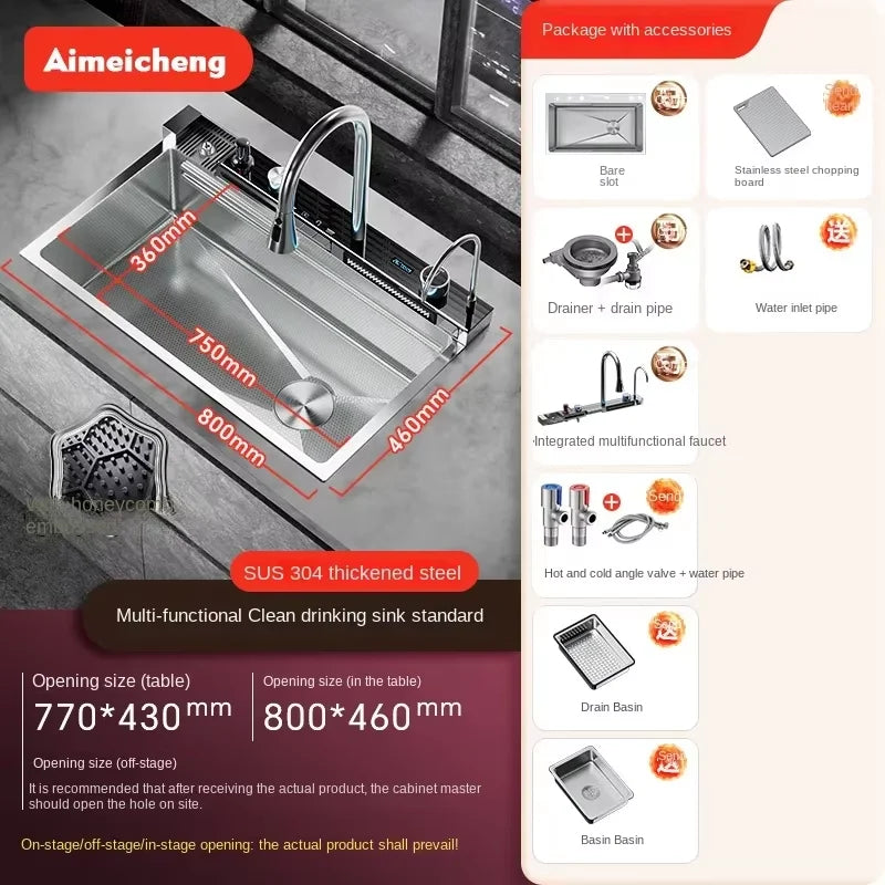 Smart Multifunction Piano Key Waterfall Large Sink 304 Stainless Steel Home Kitchen Sink with Dish Drying Holder