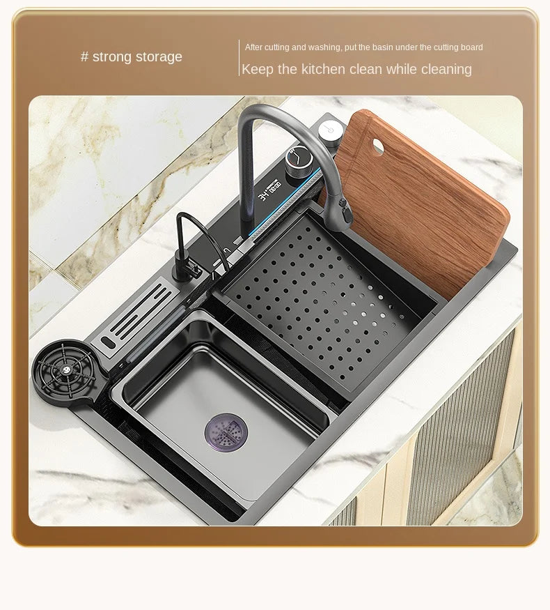 Smart Multifunction Piano Key Waterfall Large Sink 304 Stainless Steel Home Kitchen Sink with Dish Drying Holder