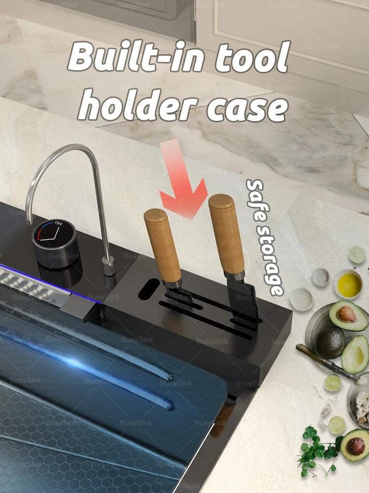 Stainless Steel Waterfall Kitchen Sink Extra Large Single Bowl Digital Display Multifunctional Dishwashing sinks