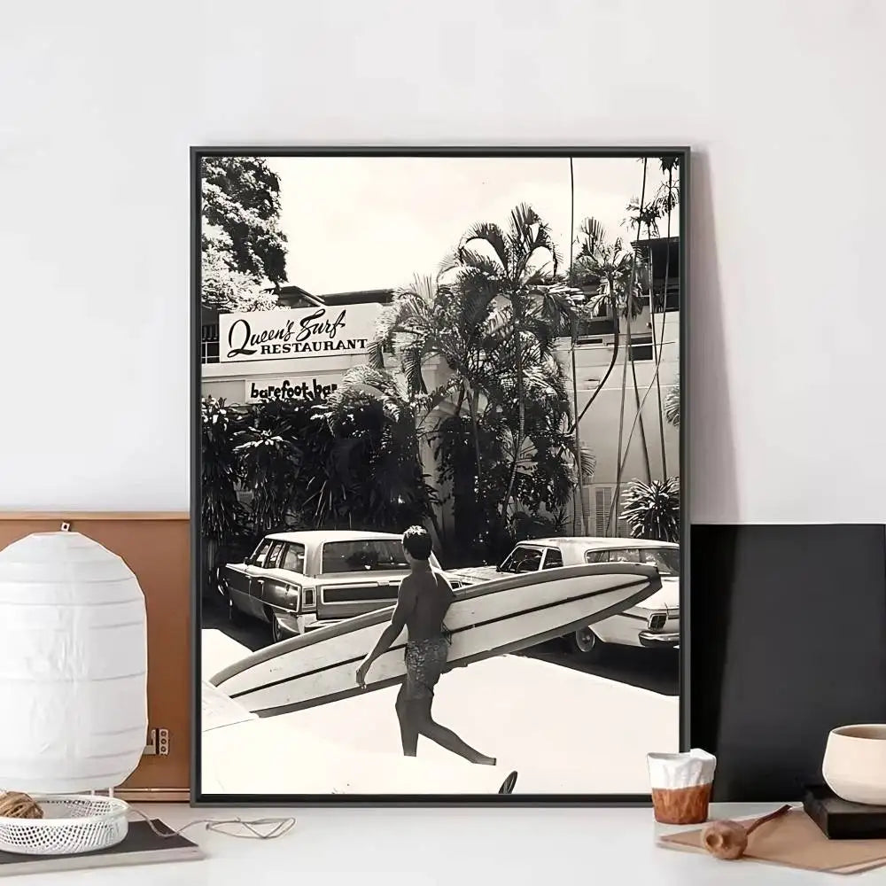 Black White Surfer Beach Surfboard Hawaii Girl Vintage Posters Sticky Whitepaper Prints Posters Artwork Posters Wall Stickers