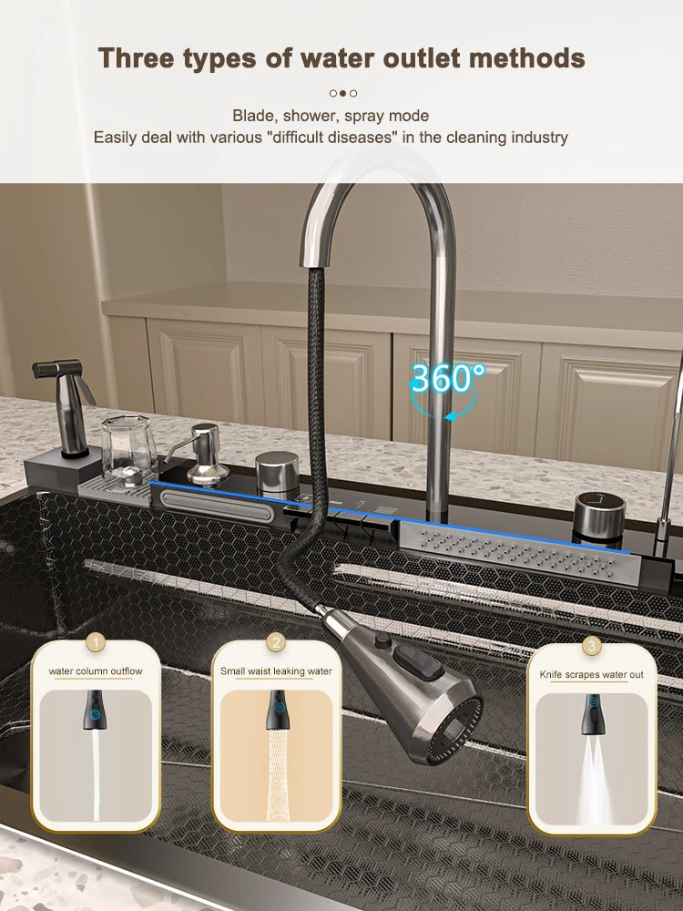 Stainless Steel Waterfall Kitchen Sink Digital Display Large Single Slot Dishwashing Sinks Overseas Warehouse Shipping