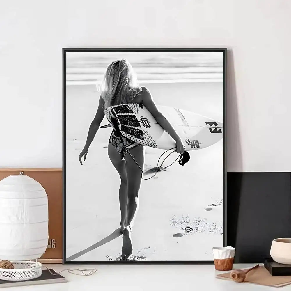 Black White Surfer Beach Surfboard Hawaii Girl Vintage Posters Sticky Whitepaper Prints Posters Artwork Posters Wall Stickers