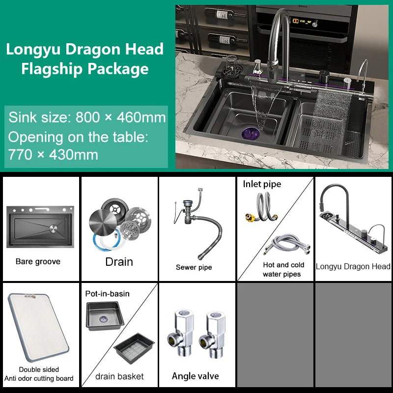 Stainless Steel Waterfall Kitchen Sink Digital Display Large Single Slot Dishwashing Sinks Overseas Warehouse Shipping