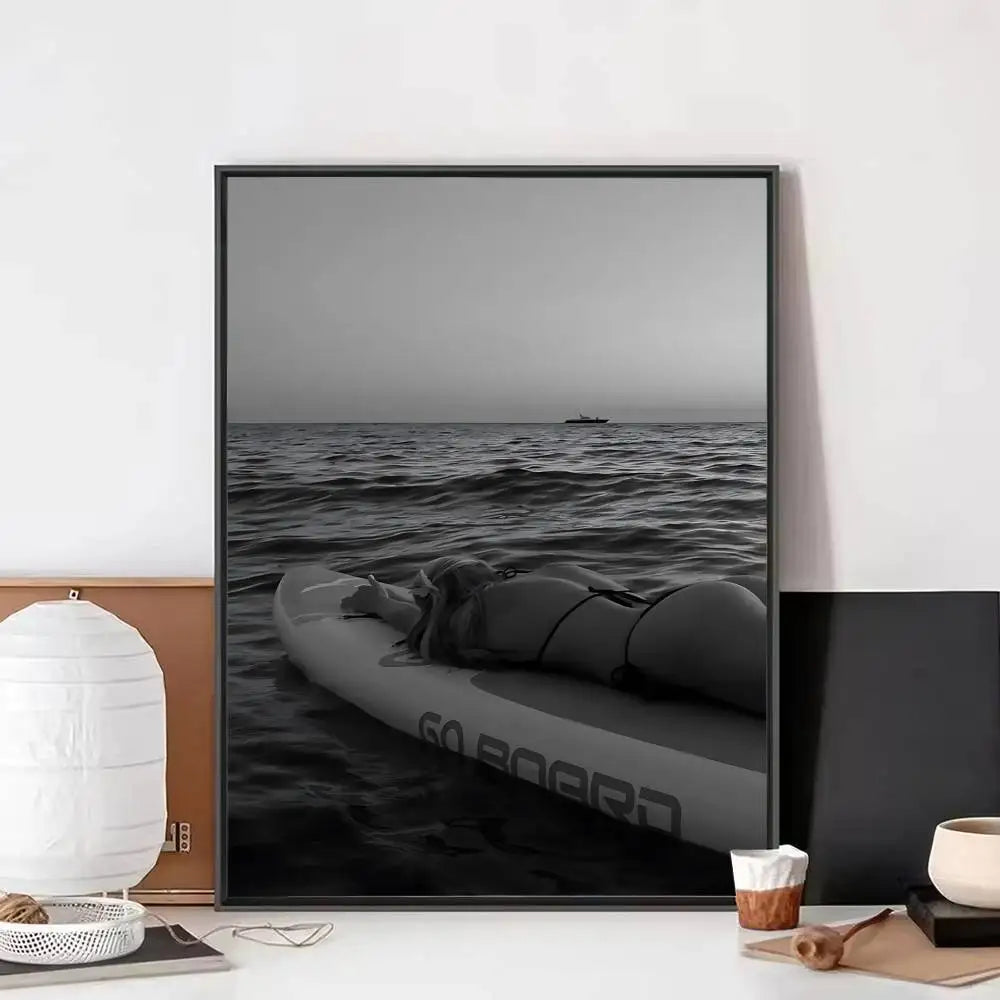 Black White Surfer Beach Surfboard Hawaii Girl Vintage Posters Sticky Whitepaper Prints Posters Artwork Posters Wall Stickers