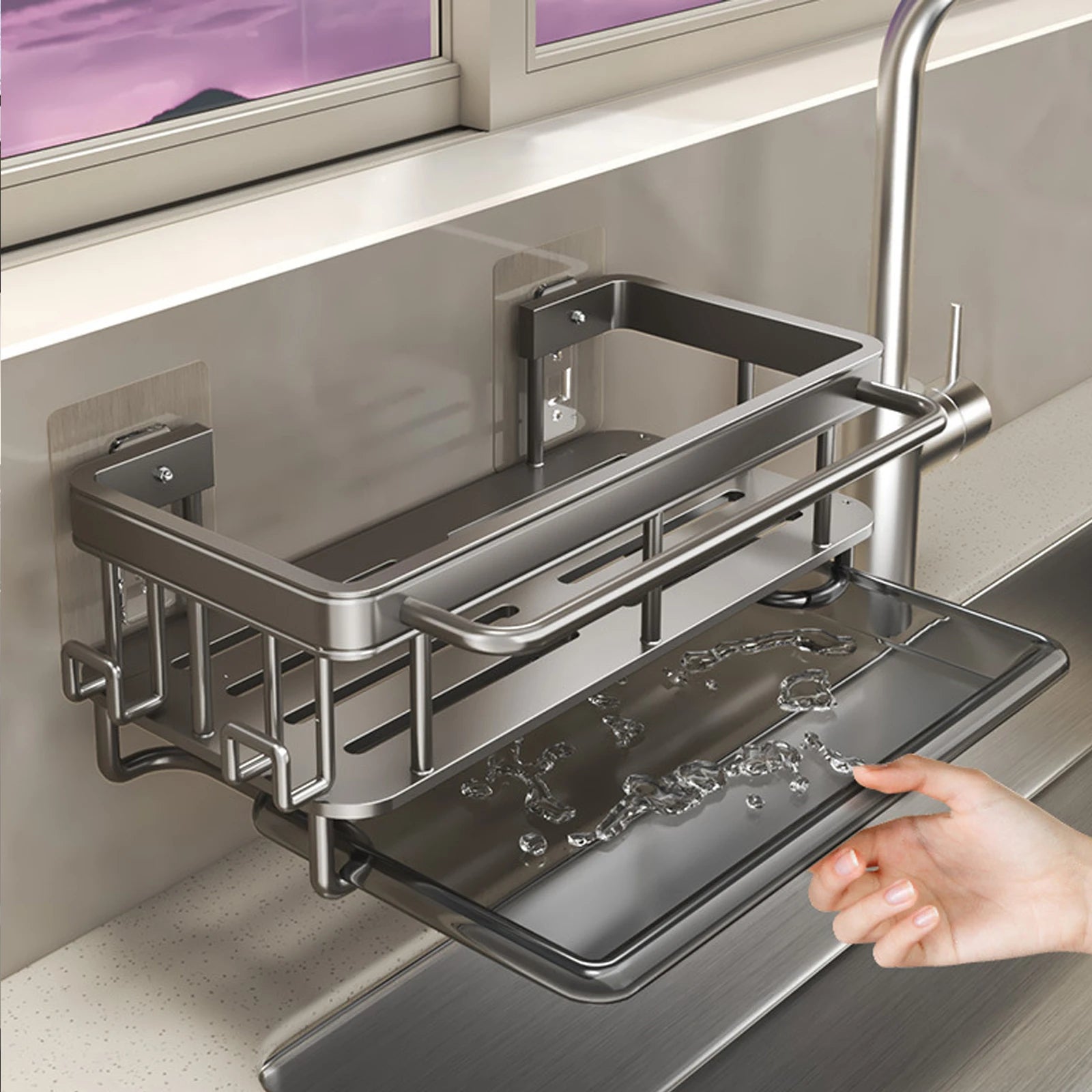 Kitchen Sink Drain Rack With Tray Aluminum Sink Shelf Soap Sponge Holder Dishcloth Towel Rack filter basket