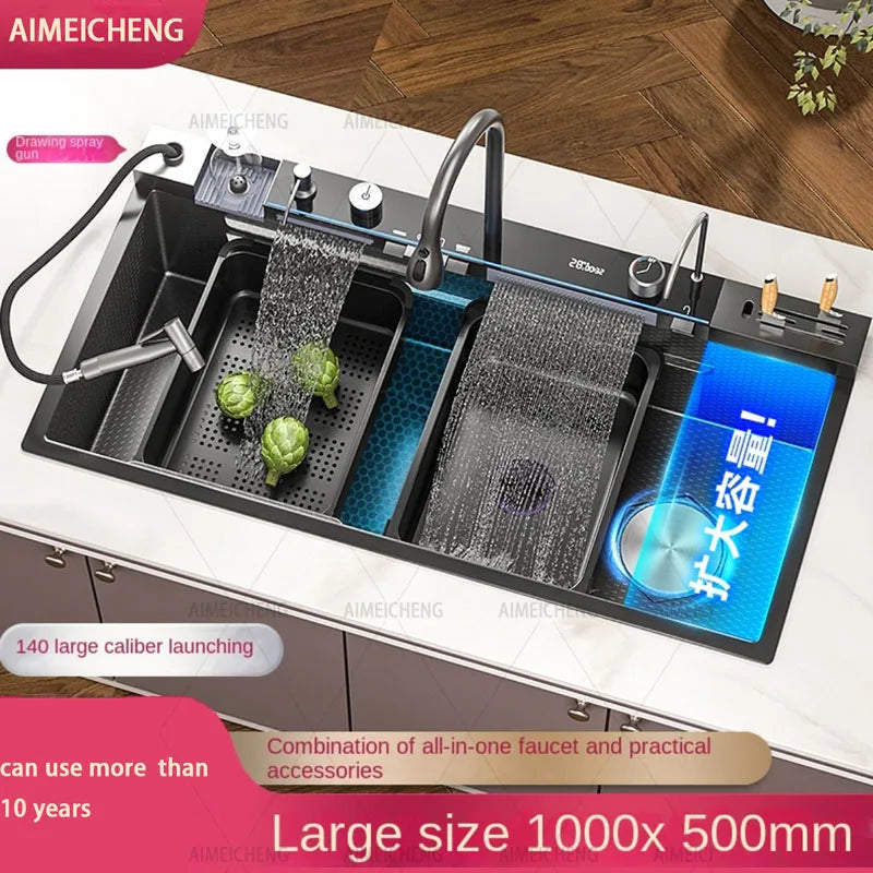 Smart Multifunction Piano Key Waterfall Large Sink 304 Stainless Steel Home Kitchen Sink with Dish Drying Holder