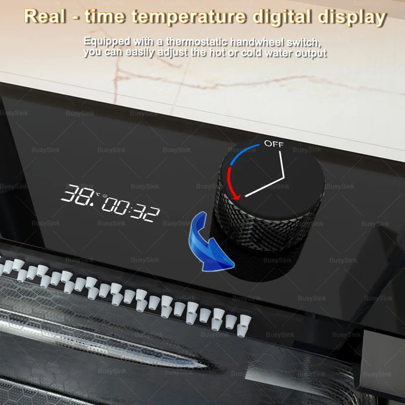 Stainless Steel New Waterfall Kitchen Sink Digital Display Dishwashing Sinks With Draining Rack Embossed Extra Large Single Slot