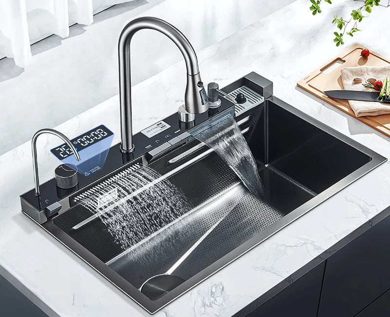 Stainless Steel Kitchen Sink with Faucet 75*45cm Large Single Bowl Digital Display Dish Basin Sink Waterfall Hot Cold Faucets