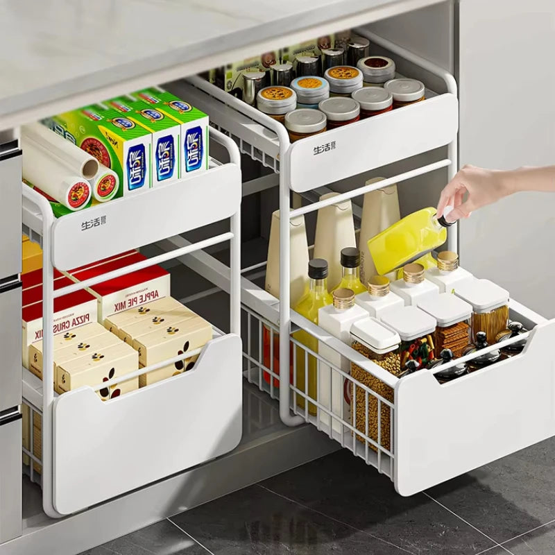 Kitchen Sink Storage Rack, Multi-Function Storage Organizer, Pot Cabinet Pull-Out Shelf, Adjustable Layer Organizer for Kitchen