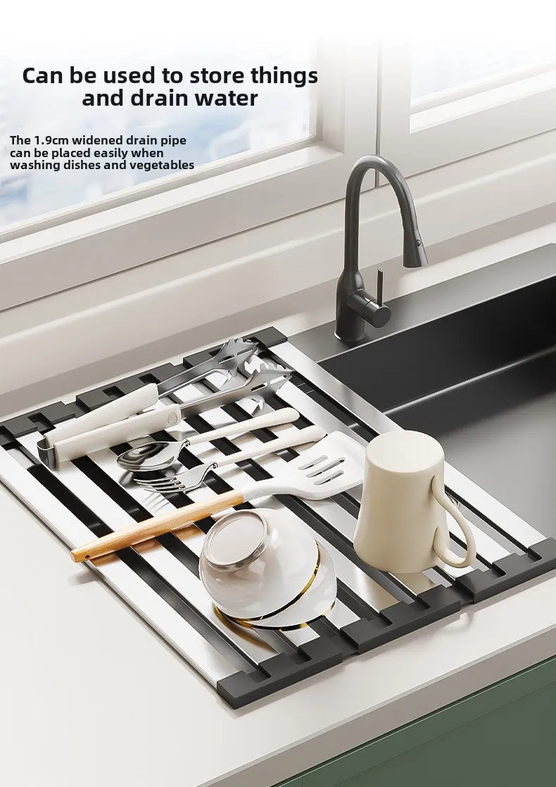 304 stainless steel kitchen sink drain rack, sink bowl and dish storage rack, foldable and retractable drain basket