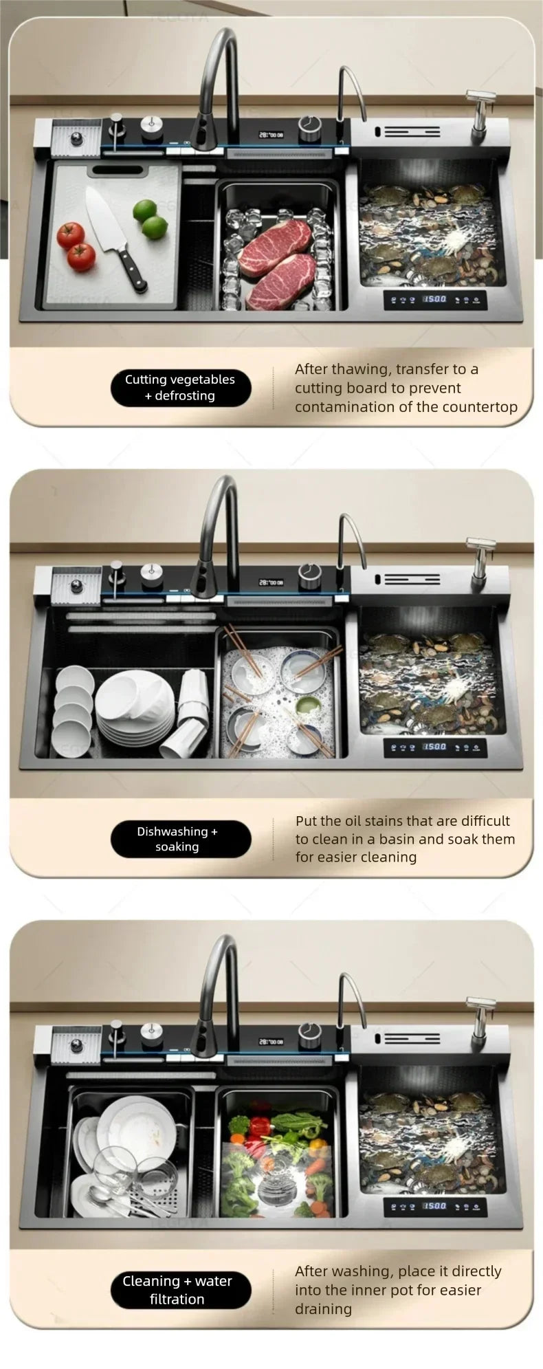 304 Stainless Steel Kitchen Sink Multifunctional Water Catalyst Purify Ingredients 100x50 Large Double Slot Wash Vegetable Basin