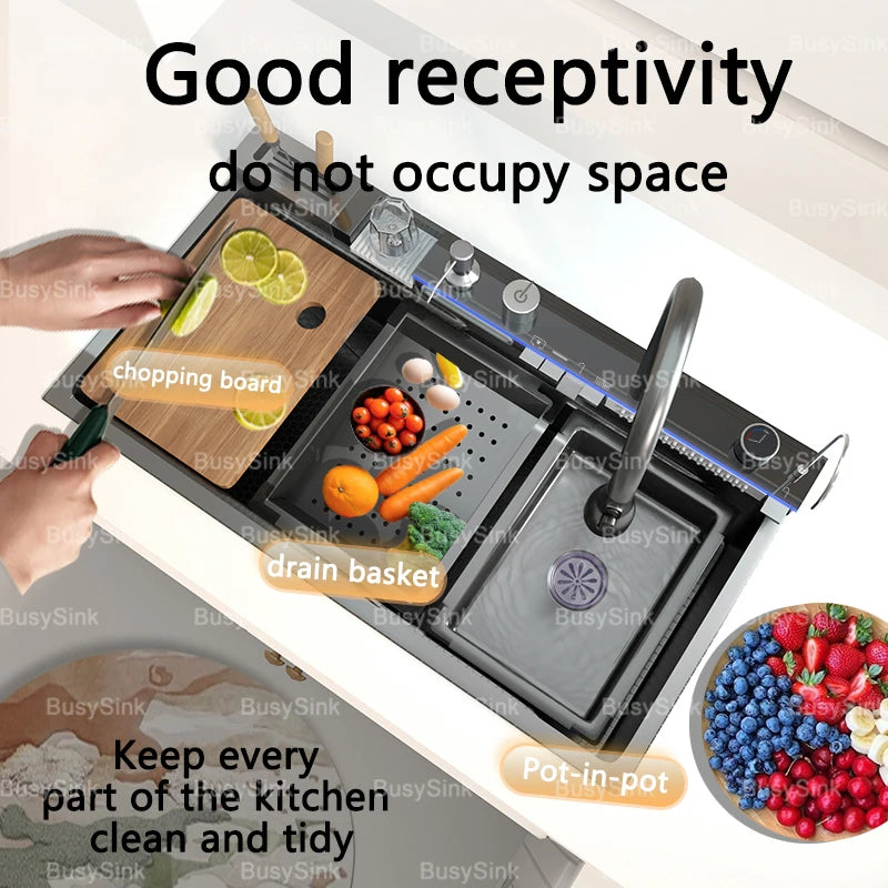 Stainless Steel Waterfall Kitchen Sink Extra Large Single Bowl Digital Display Multifunctional Dishwashing sinks