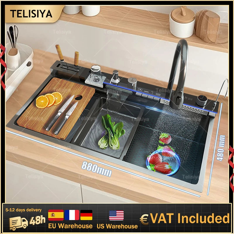 Stainless Steel Waterfall Kitchen Sink Digital Display Large Single Slot Dishwashing Sinks Overseas Warehouse Shipping
