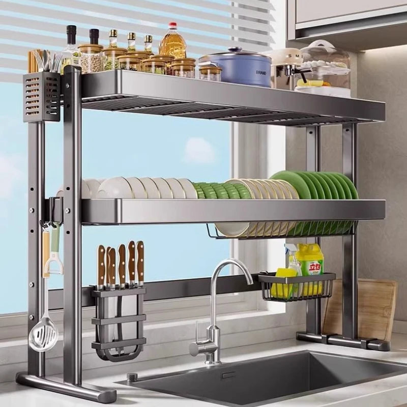 Over-the-Sink Dish Drying Rack Kitchen Sink Organizer Multifunctional Dishware Storage Shelf Space-Saving Plate and Bowl Holder