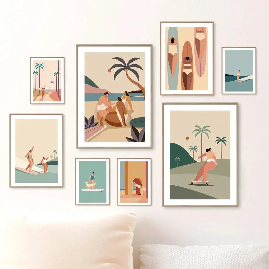 Surf Skateboard Tanning Seaside Vacation Posters Prints Canvas Painting Beach Bohemia Girl Wall Art Pictures Living Room Decor