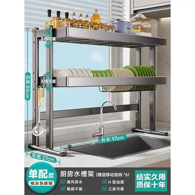 Over-the-Sink Dish Drying Rack Kitchen Sink Organizer Multifunctional Dishware Storage Shelf Space-Saving Plate and Bowl Holder