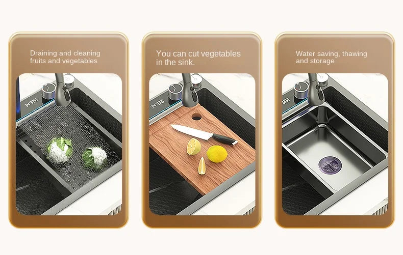 Smart Multifunction Piano Key Waterfall Large Sink 304 Stainless Steel Home Kitchen Sink with Dish Drying Holder