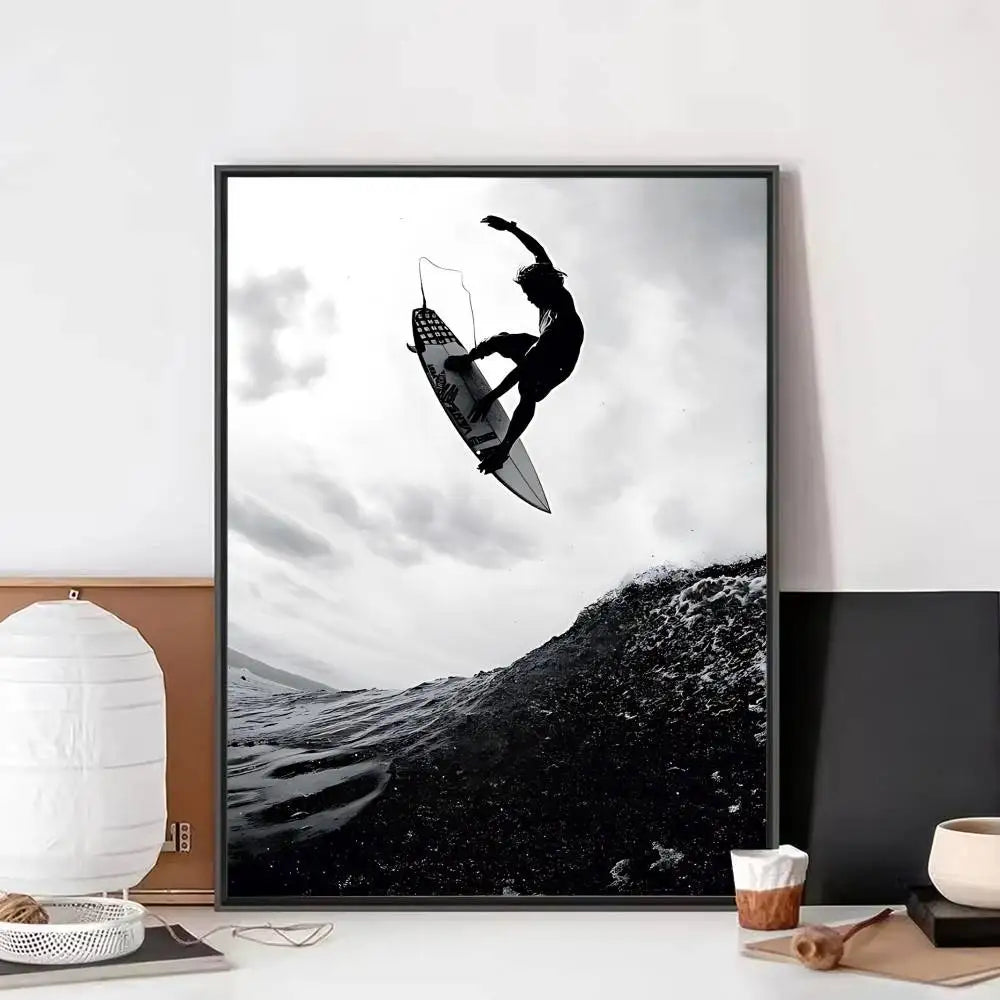 Black White Surfer Beach Surfboard Hawaii Girl Vintage Posters Sticky Whitepaper Prints Posters Artwork Posters Wall Stickers