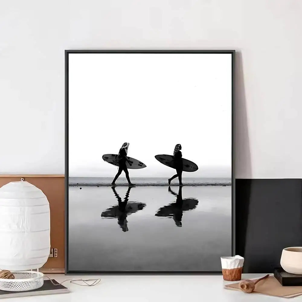 Black White Surfer Beach Surfboard Hawaii Girl Vintage Posters Sticky Whitepaper Prints Posters Artwork Posters Wall Stickers