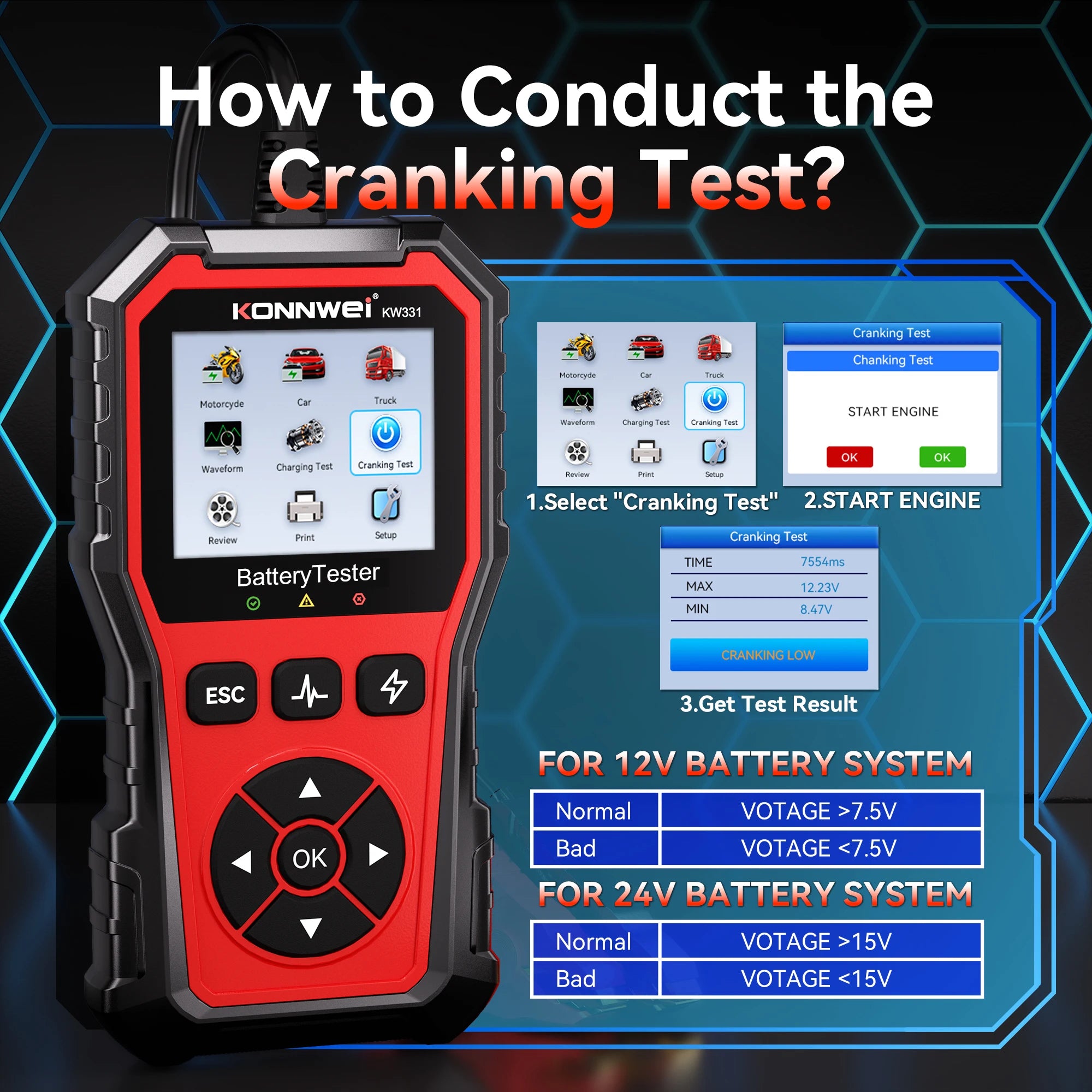 2025 KONNWEi Car Battery Tester Fault Code Clearance Battery Information Monitoring Startup Test Car Battery Charging Scan Tool