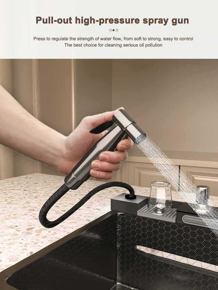 Stainless Steel Waterfall Kitchen Sink Digital Display Large Single Slot Dishwashing Sinks Overseas Warehouse Shipping